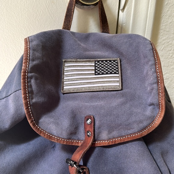 Polo Ralph Lauren RL Co Blue Canvas Brown Leather Backpack with Patches AS IS - Picture 4 of 16